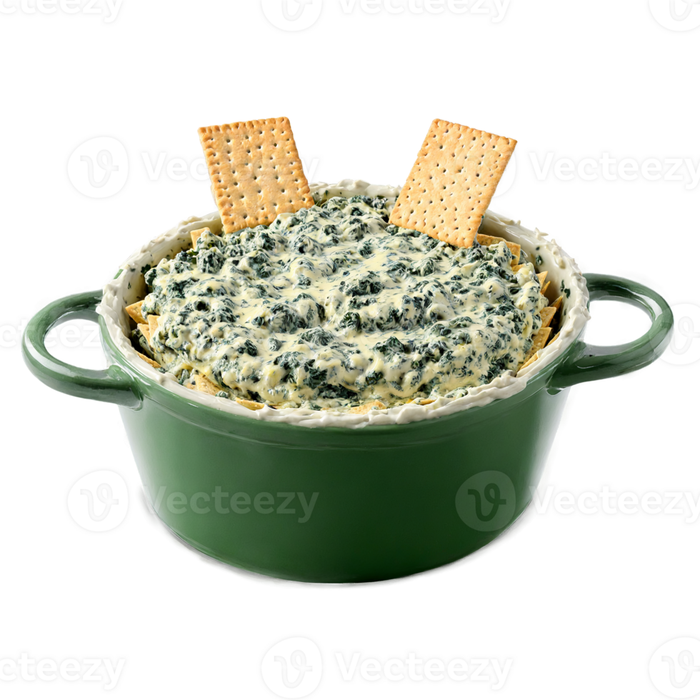 Spinach artichoke dip creamy and bubbling scooping and stretching with vegetable sticks and crackers flying png