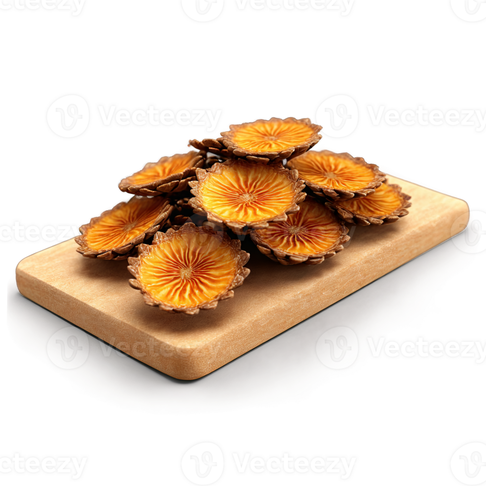 Dried salak slices brown with a scaly texture spinning dynamically like miniature pine cones Food png