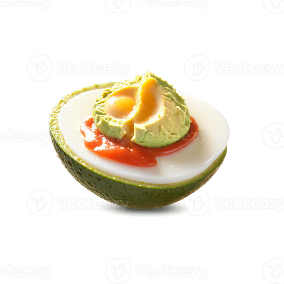 Guacamole deviled eggs avocado filled egg white halves red salsa dripping isolated on transparent Food png