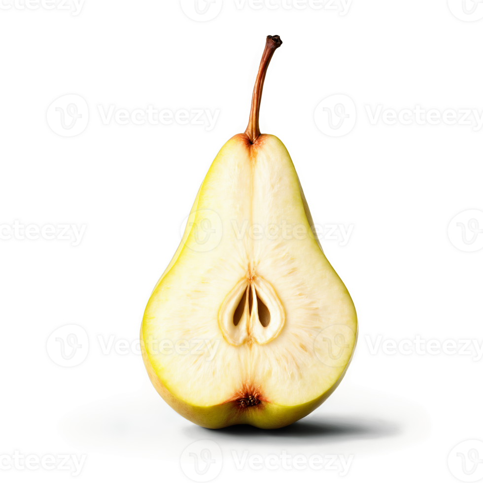 Pear with sliced half and core exposed in juicy flesh levitating Food and culinary concept png