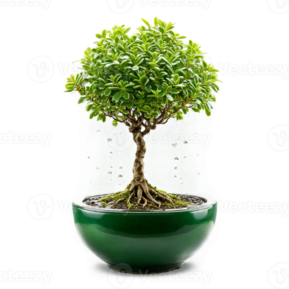 Jade Plant thick glossy green leaves sprouting from a suspended bonsai pot with droplets of png