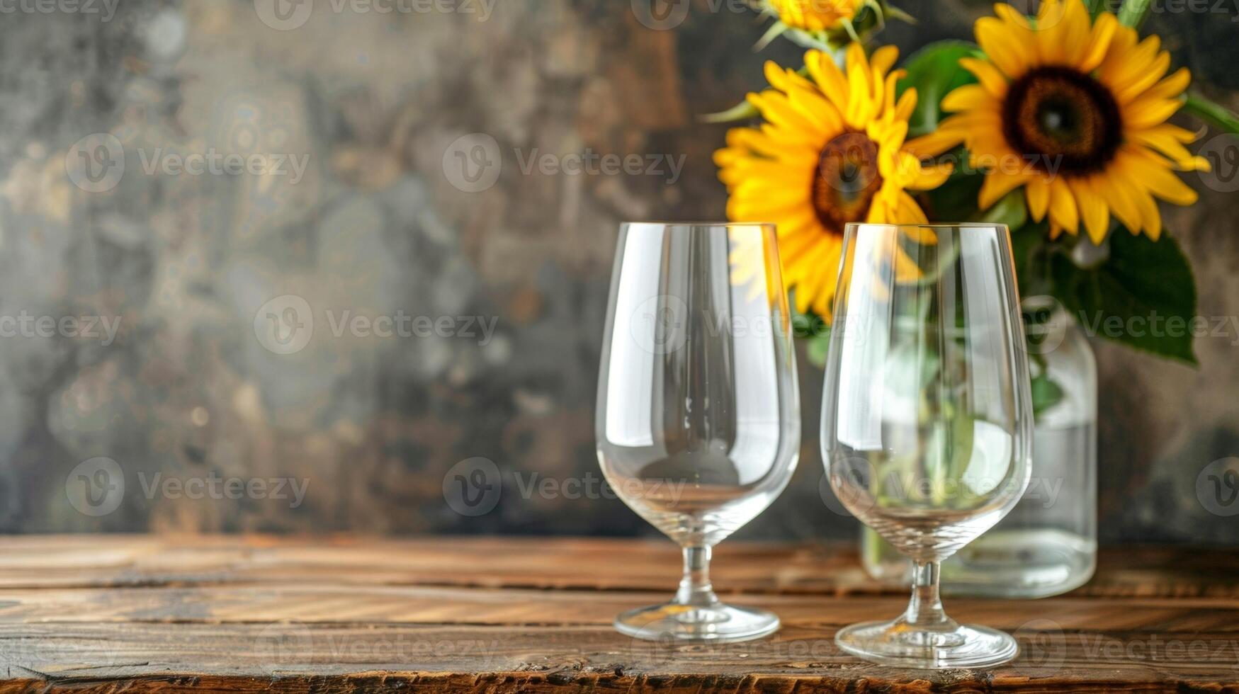 blanco Bosquejo de un par de sin tallo vino lentes pags en un rústico de madera mesa con un florero de girasoles cercano. foto