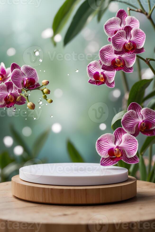 white Platform and podium background on nature and orchid for product stand display advertising cosmetic beauty products or skincare with empty round stage photo