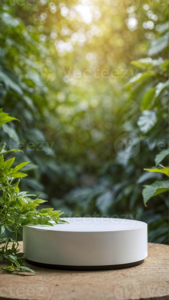 luxurious Platform and podium background on nature and monstera leaves for product stand display advertising cosmetic beauty products or skincare with empty round stage photo