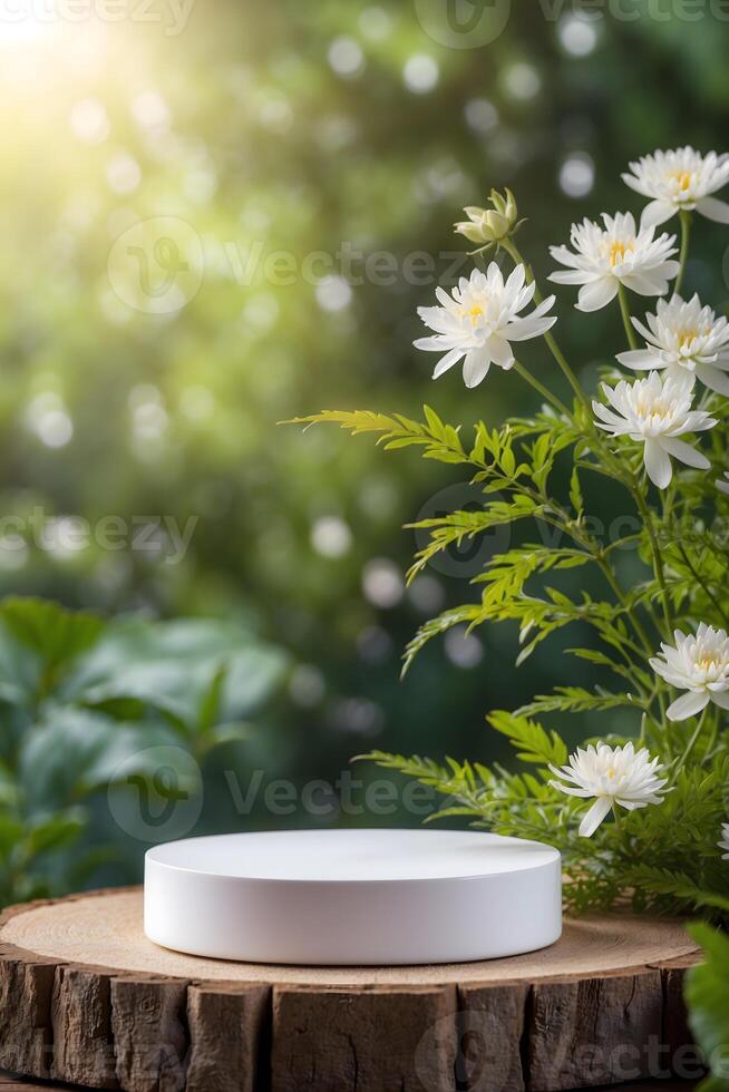 luxurious Platform and podium background on nature and monstera leaves for product stand display advertising cosmetic beauty products or skincare with empty round stage photo