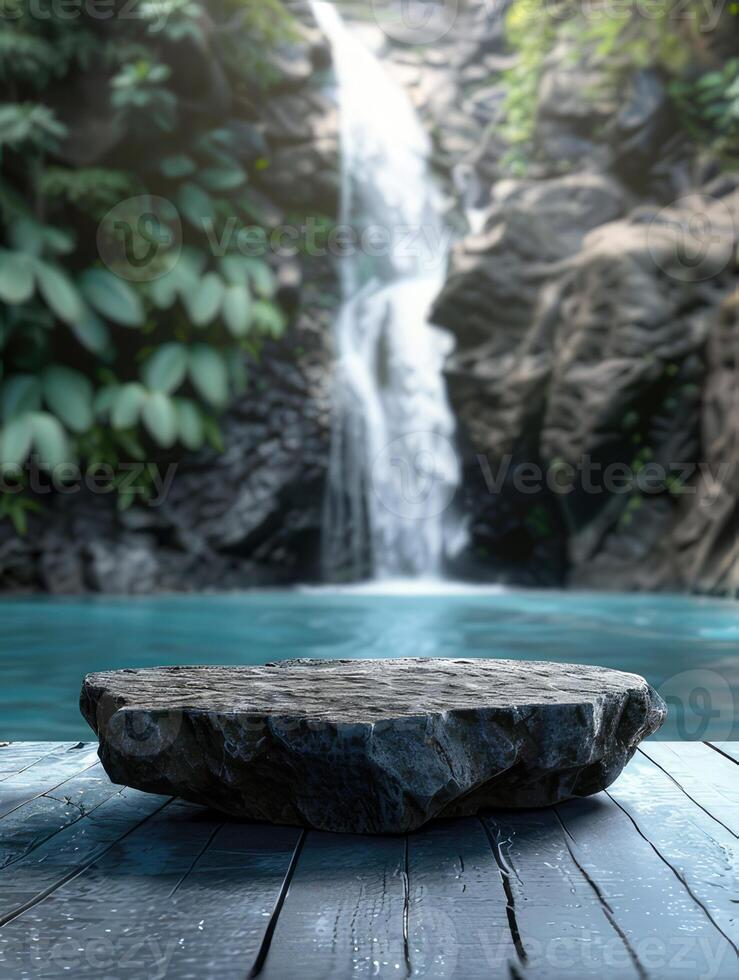Focused stone in the foreground as an empty podium on a wooden deck with a waterfall in the background photo