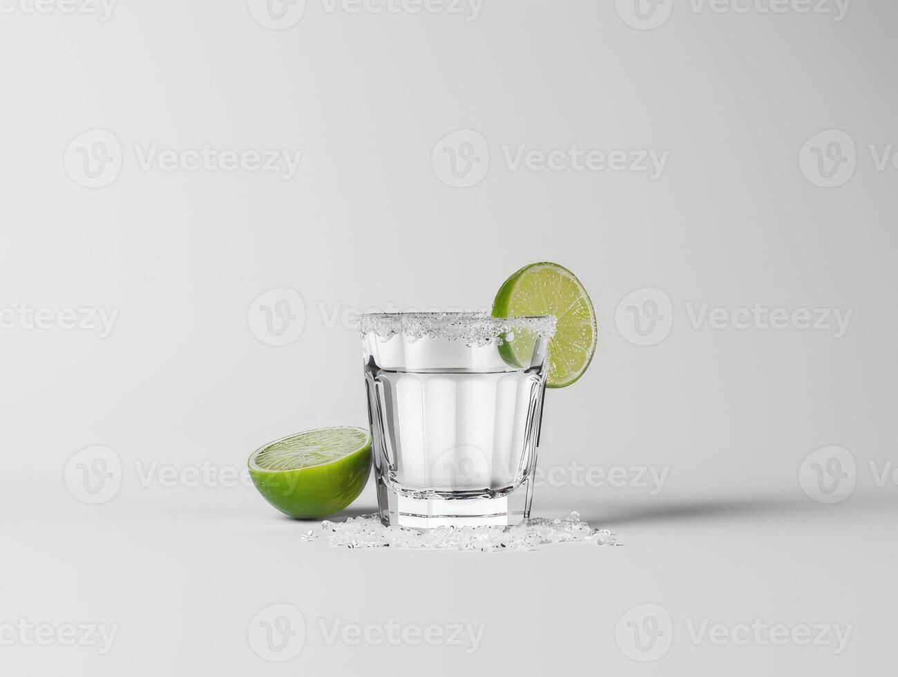 Shot of tequila. Alcoholic distilled drink with a slice of lime. AI-generated content. photo