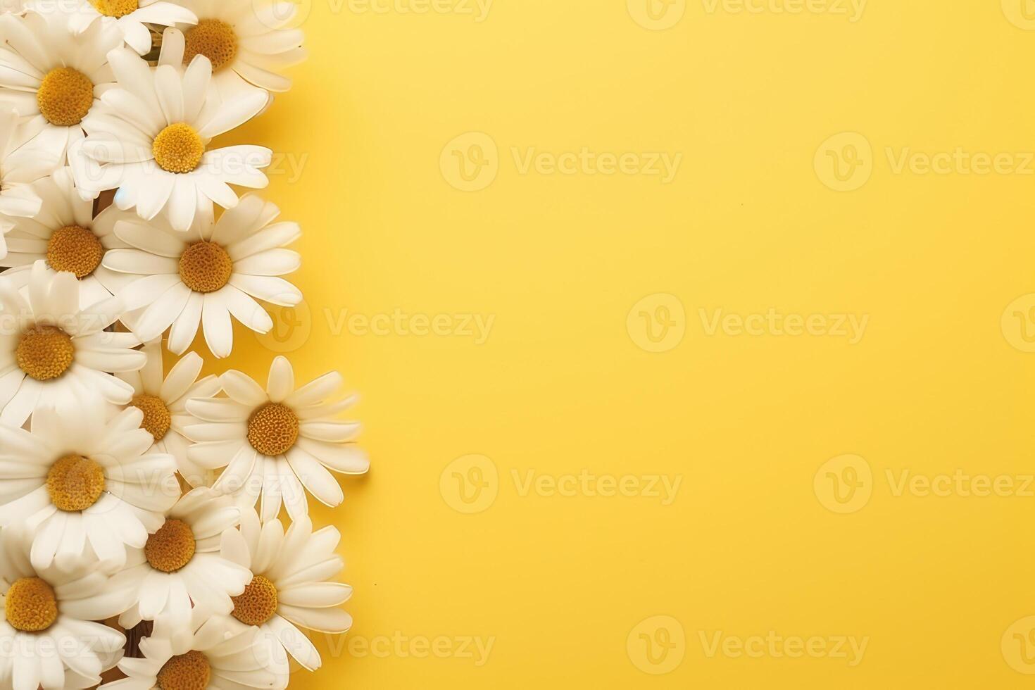 Pattern of white daisy. Chamomile on yellow background. Summer flowers concept. Flat lay, top view, copy space photo