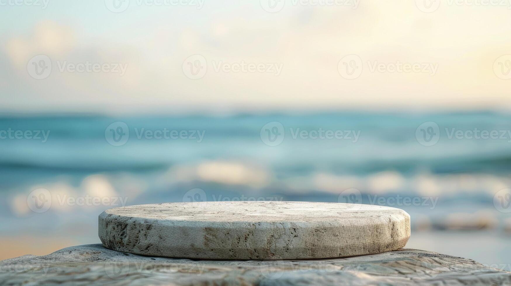 Stone podium against the backdrop of a summer seascape. Free space for product advertising. AI-generated content. photo