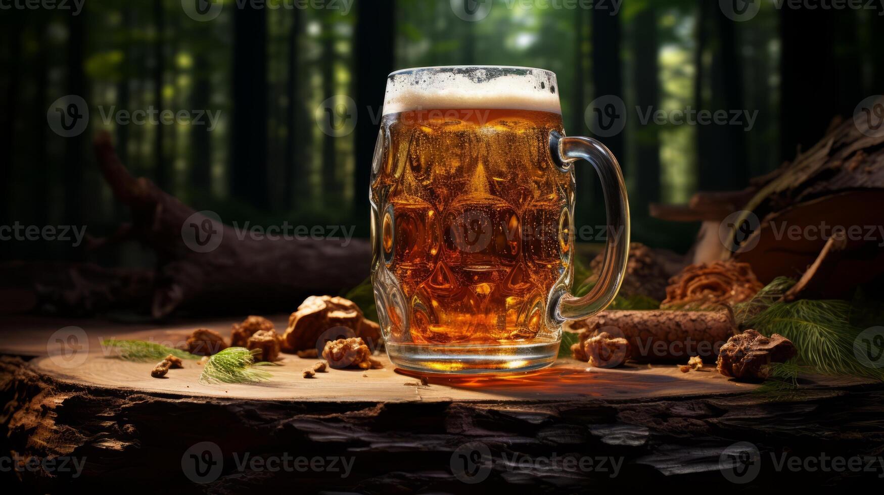 Glass of beer on a wooden table in the forest. Beer background photo