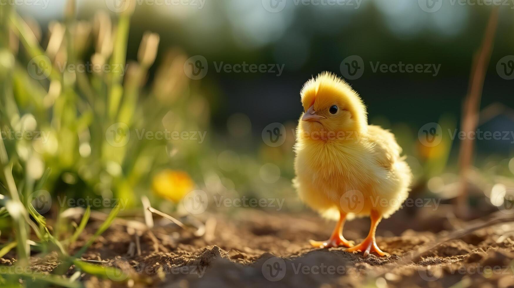 Little yellow chicken on a green grass in the rays of the setting sun photo