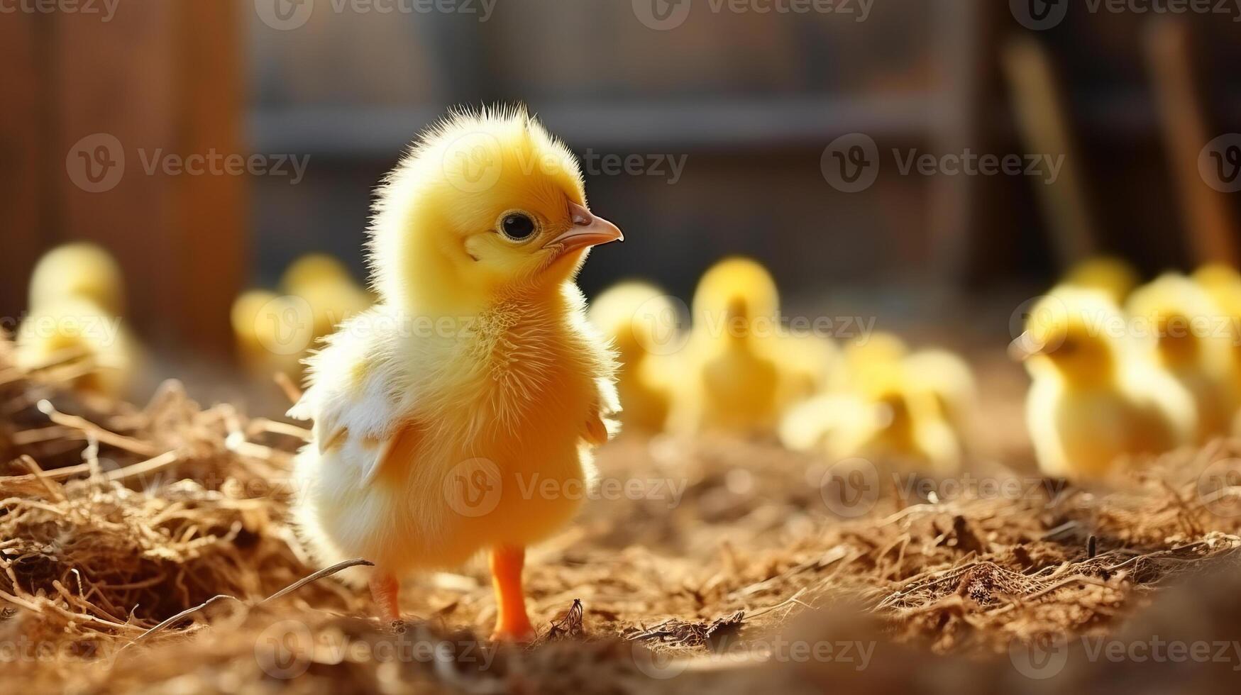 Cute little yellow chicken on the farm. Happy easter. photo