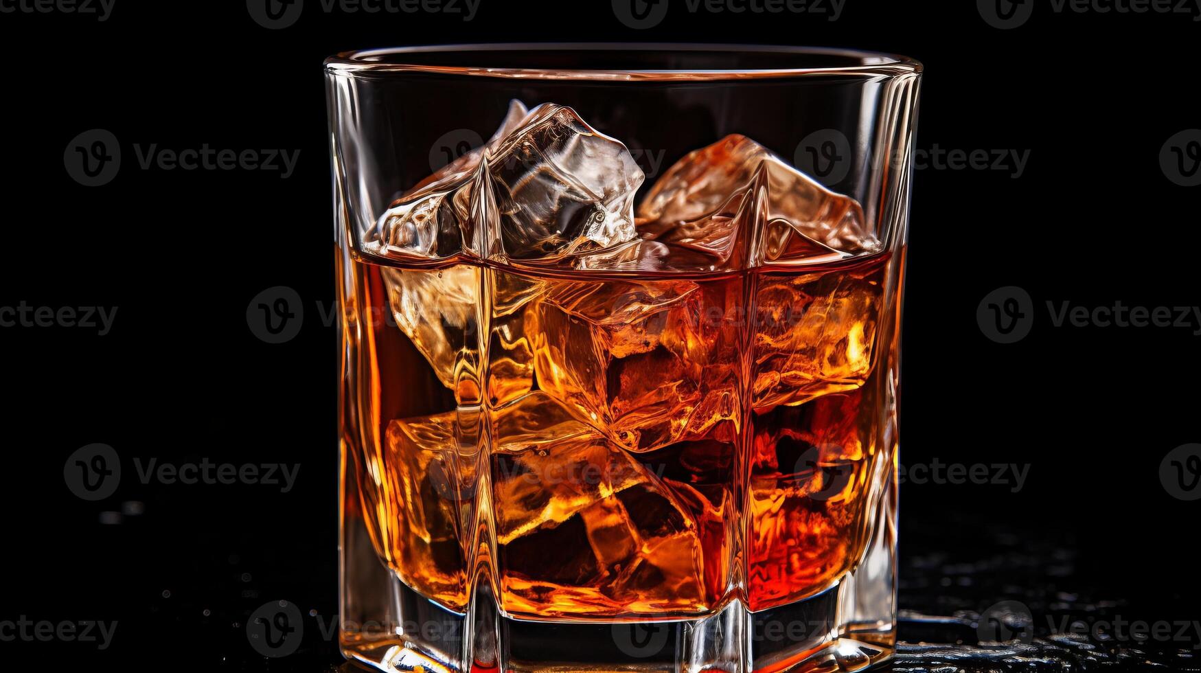 Glass of whiskey with ice cubes on black background. Close up. photo