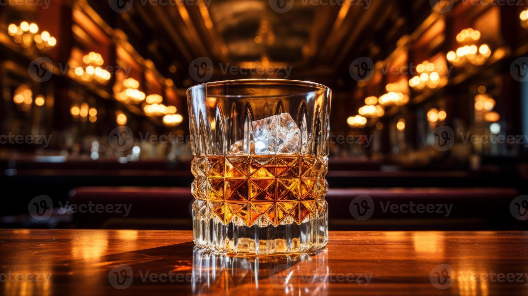 Glass of whiskey with ice cubes on bar counter in pub or restaurant photo