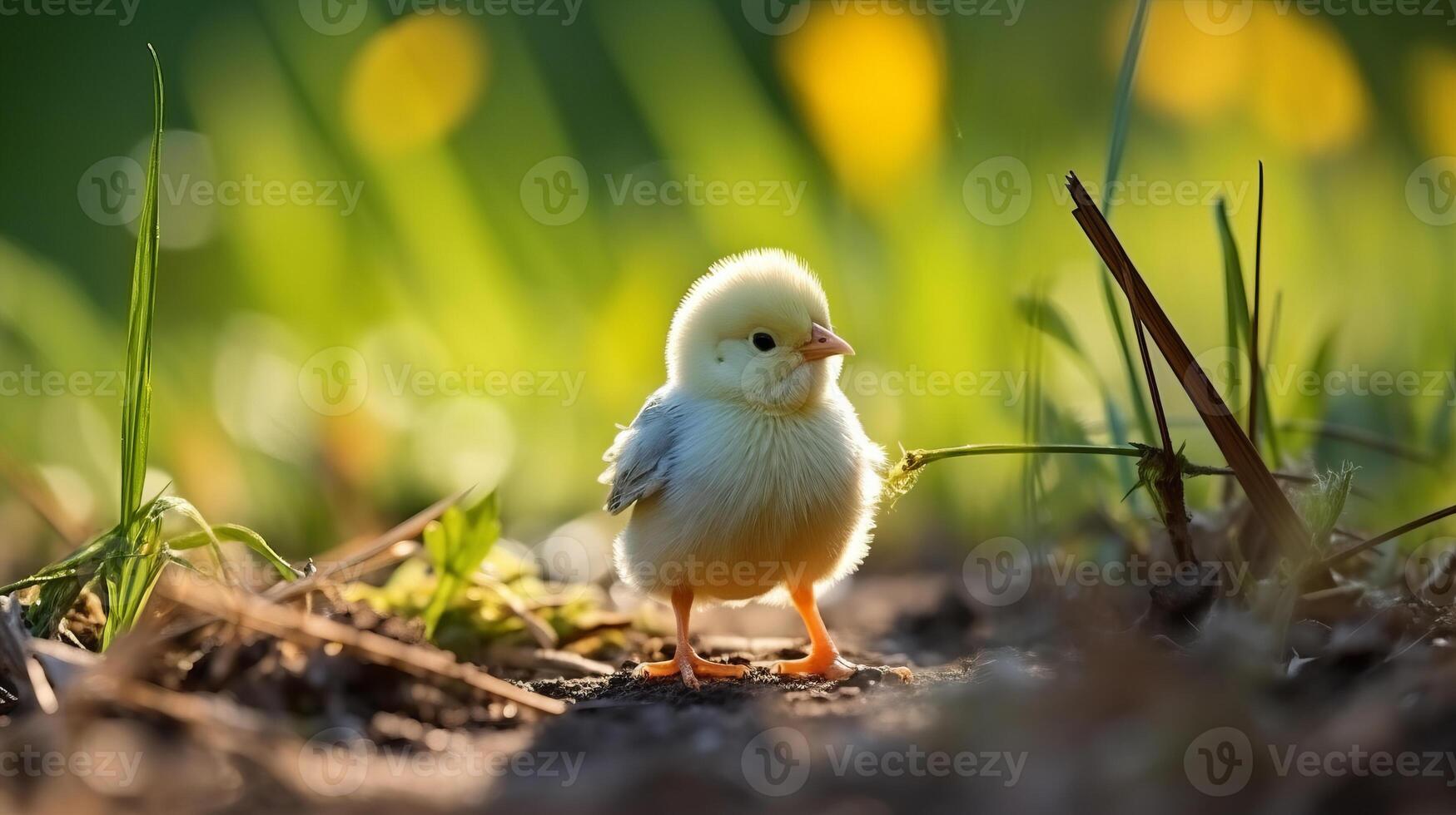 Cute little yellow chicken on green grass. Springtime concept. photo