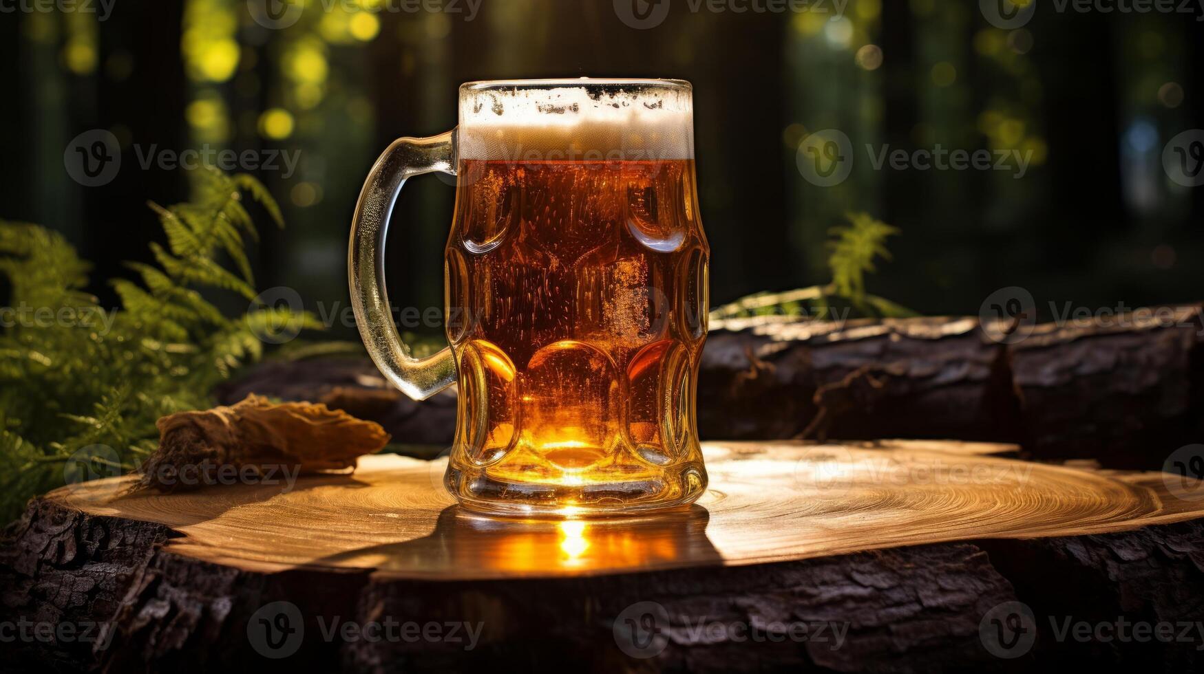 Mug of light beer on a wooden table in the forest. photo