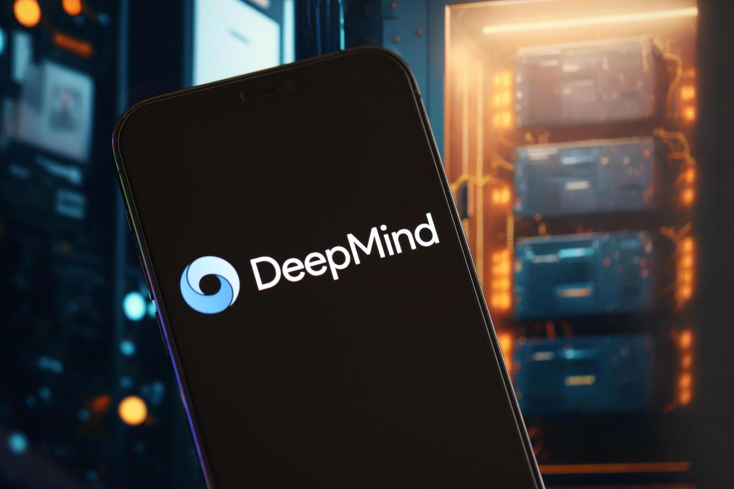 KYIV, UKRAINE - MARCH 17, 2024 DeepMind logo on iPhone display screen with background of artificial intelligence futuristic ai generated image photo
