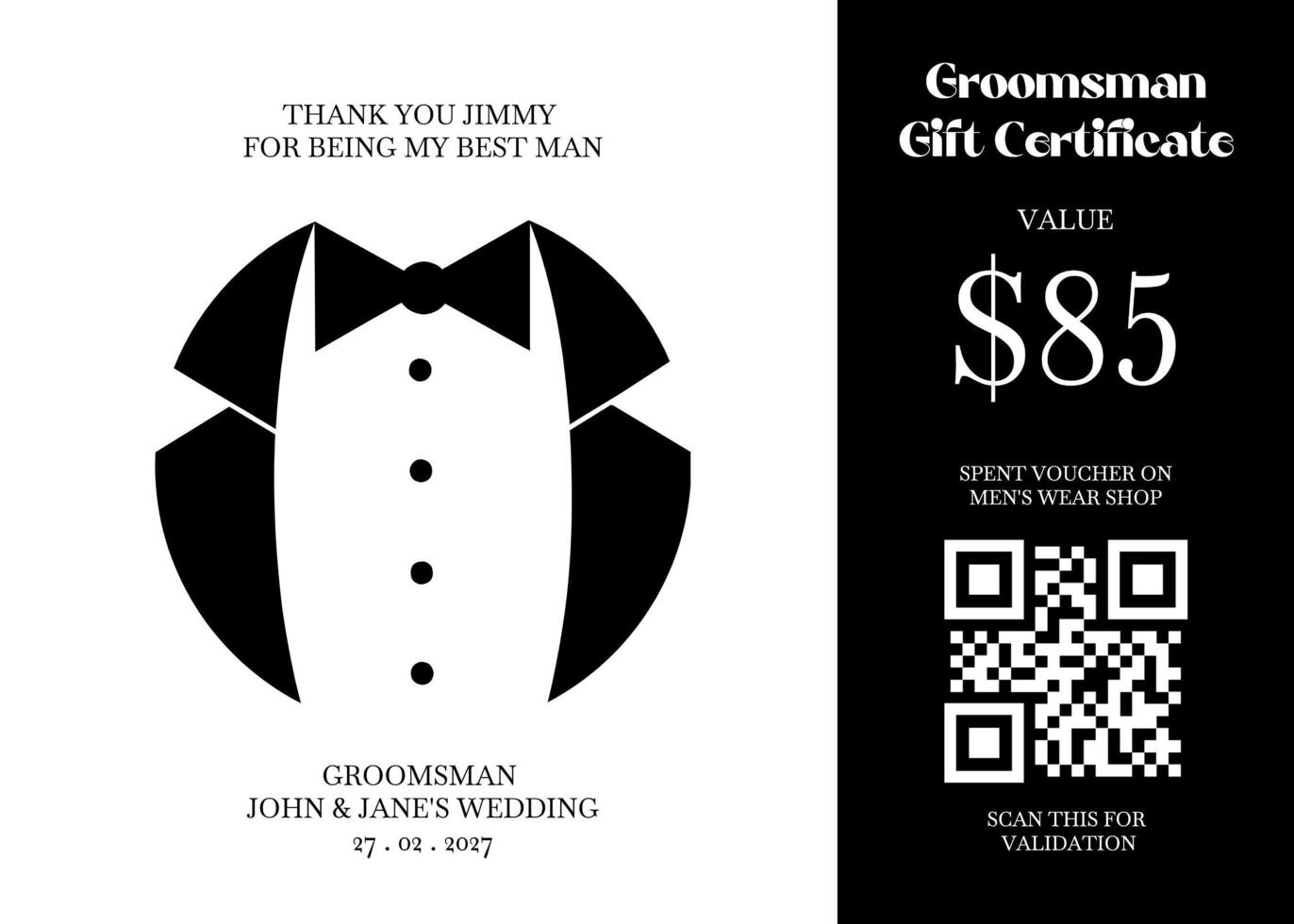 Black and White Groomsman Voucher Gift Certificate template