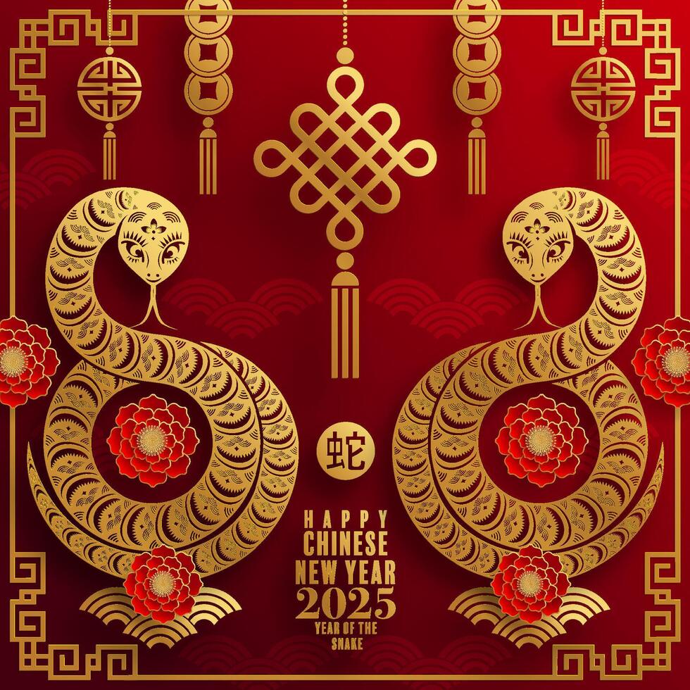 Happy chinese new year 2025 the snake zodiac sign paper cut style on color background. vector