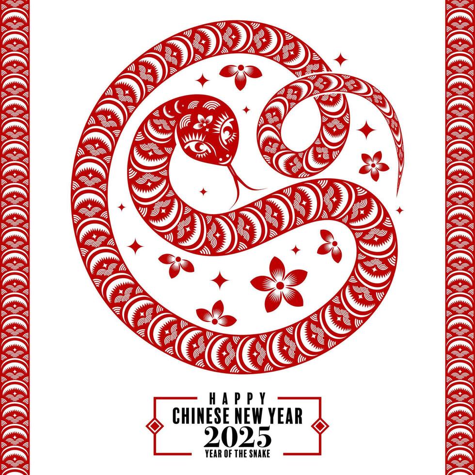 Happy chinese new year 2025 the snake zodiac sign logo with lantern,flower, and asian elements red paper cut style on color background. vector