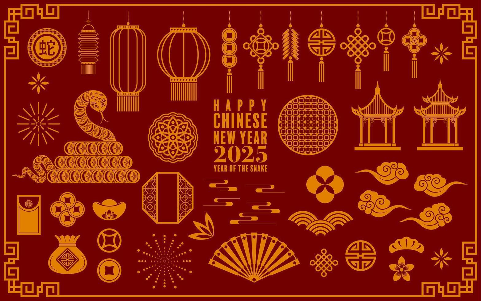 Happy chinese new year 2025 the snake zodiac sign logo with lantern,flower, and asian elements red paper cut style on color background. vector