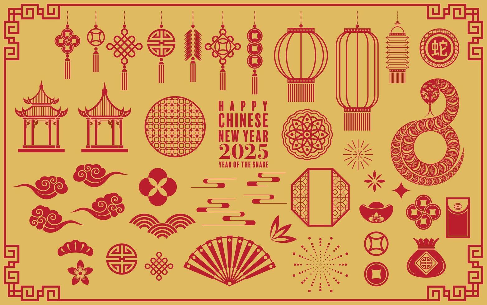 Happy chinese new year 2025 the snake zodiac sign logo with lantern,flower, and asian elements red paper cut style on color background. vector