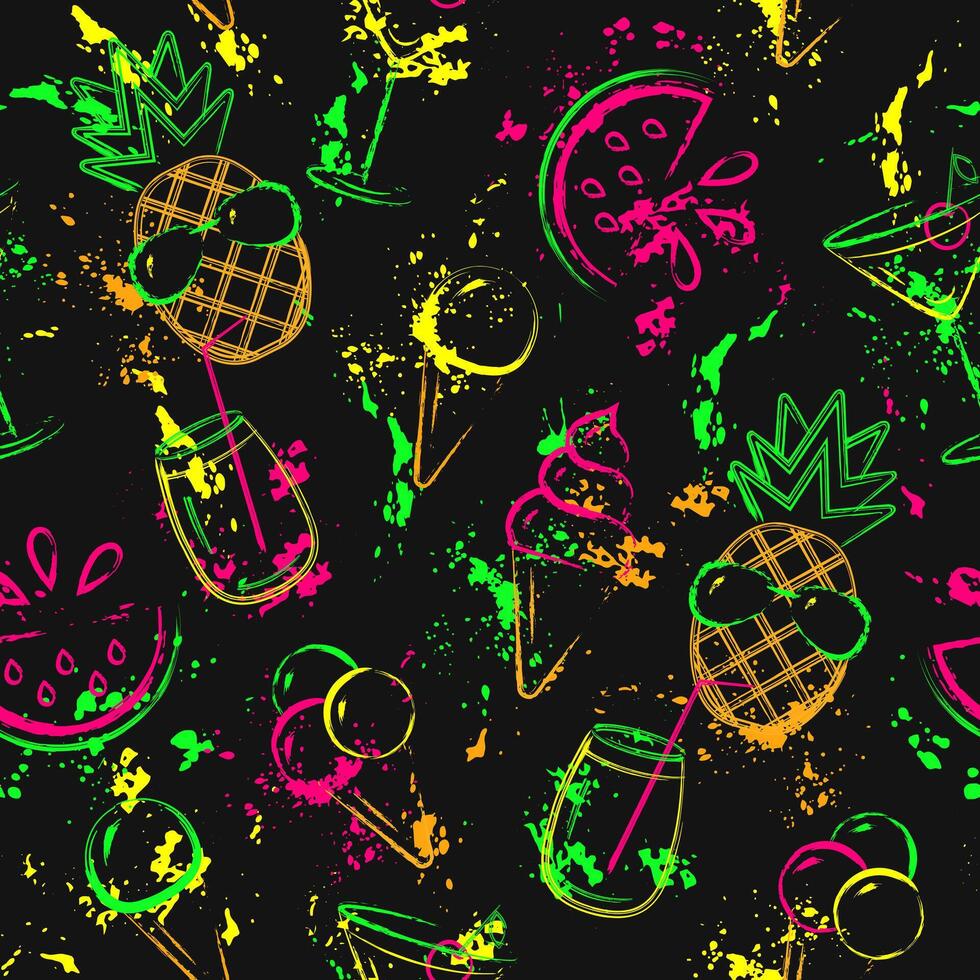 Summer seamless pattern with icons of pineapple, ice cream, cocktail glass, palm tree. Wavy paint brush strokes, splattered paint. Bright glowing neon colors. Outline, contour illustrations. vector