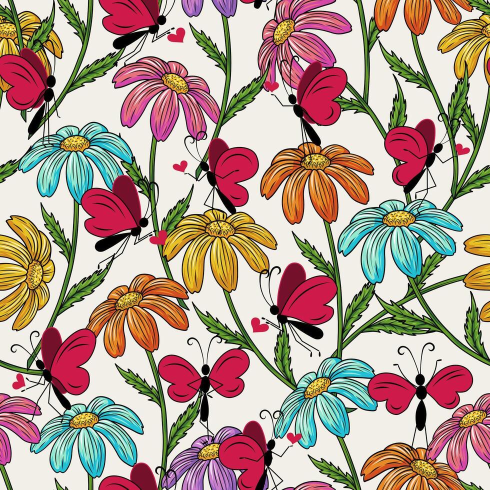 Seamless pattern with chamomile flower with stem, tiny cute butterflies playing with hearts. Groovy, hippie, naive style. Good for apparel, fabric, textile, surface decoration, kids design. vector