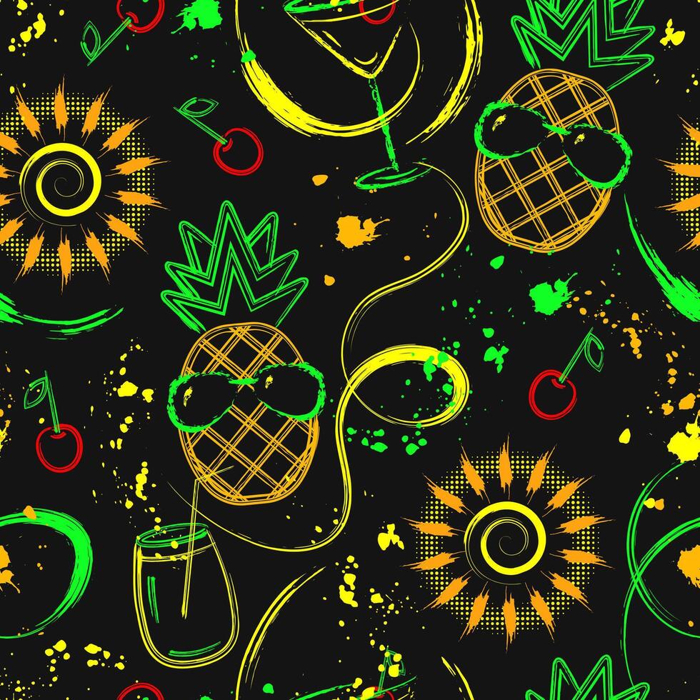 Tropical seamless pattern with icons of pineapple, cherry, cocktail glass on black background. Wavy paint brush strokes, splattered paint. Bright glowing neon colors. Outline, contour illustrations. vector