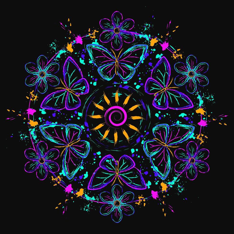 Circular composition like mandala with butterfly, sun, paint brush strokes, splattered paint. Glowing neon fluorescent colors. Virtual surreal nature. Outline, contour illustrations. vector