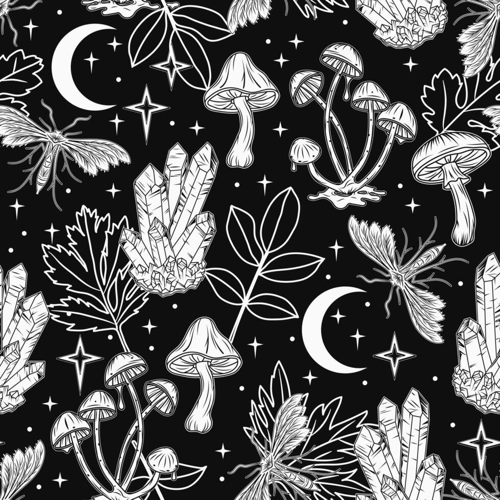 Pattern with crescent moon with face, stars, night butterfly, moth, flowers and star dust. Mythological fairytale, mystical concept. For clothing, apparel, T-shirts, kids design vector