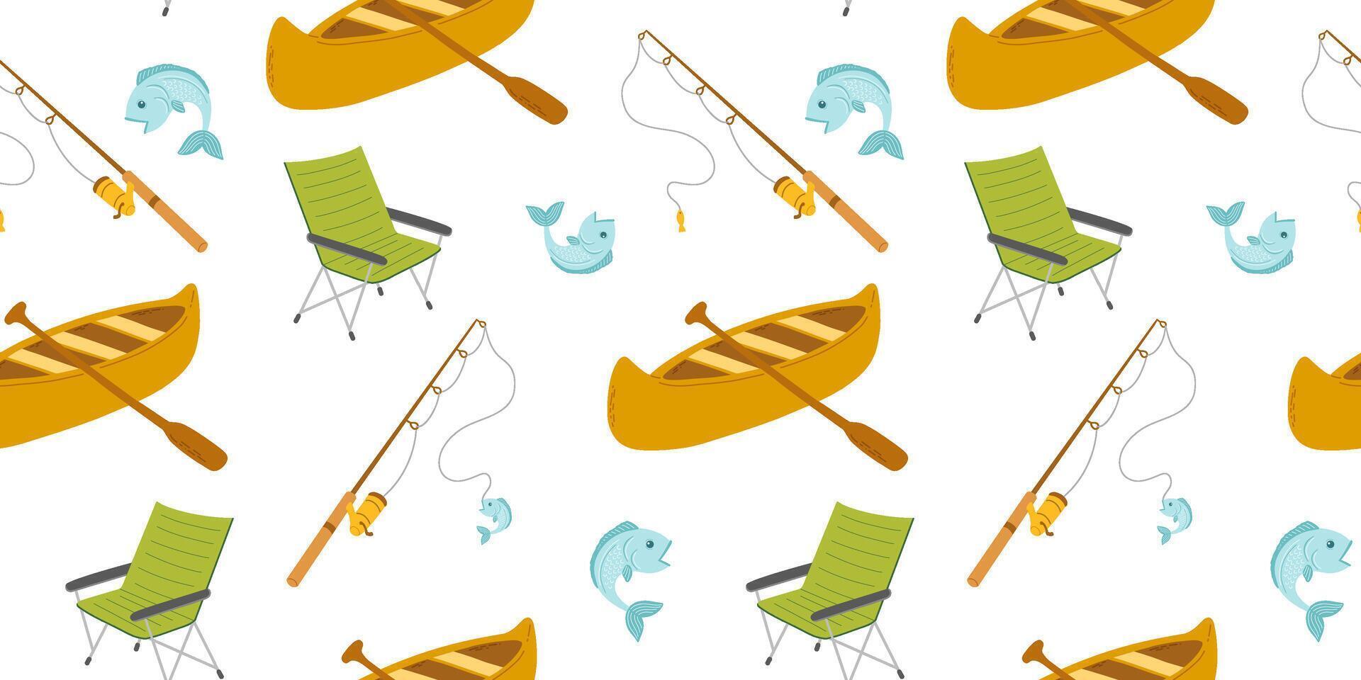 Seamless pattern with flat canoe, fish and fishing rod isolated on white. Cartoon kayak with paddle vector