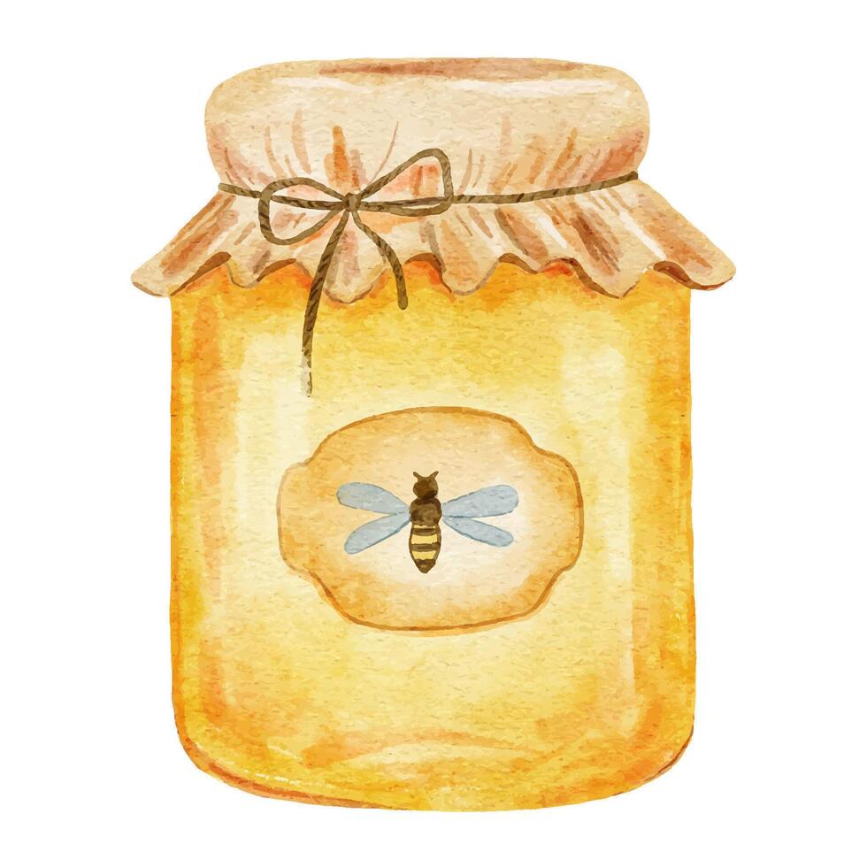 miel vaso tarro acuarela imagen. tarro de miel con abeja ilustración. confitura Enlatado cristalería con papel gorra. dulce postre aislado en blanco antecedentes vector