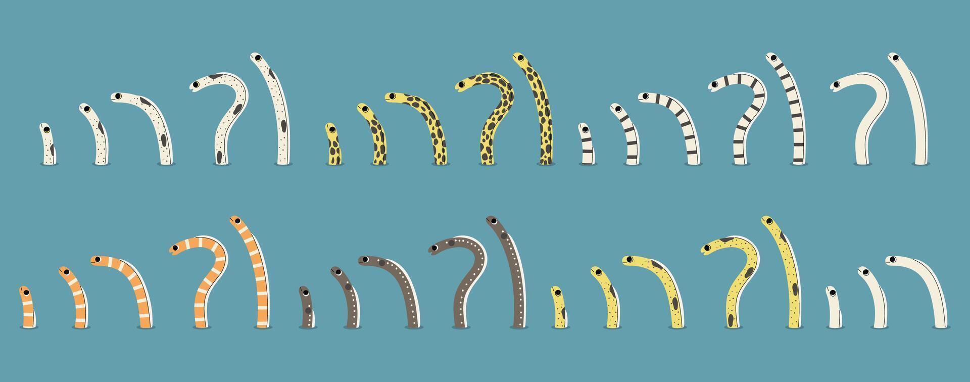 Garden eel collection on a blue background, illustration. vector