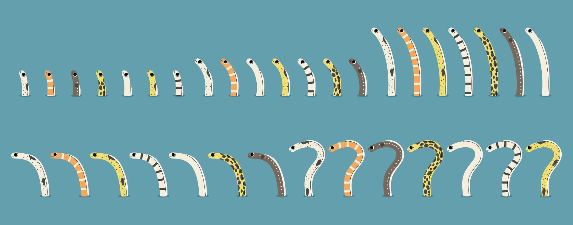 Garden eel collection cute on a blue background, illustration. vector