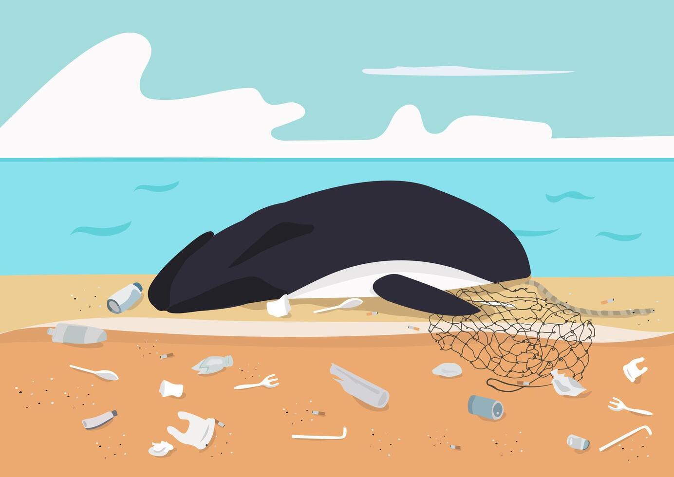 a whale carcass stranded on beach with sewage waste and plastic pollution around background vector