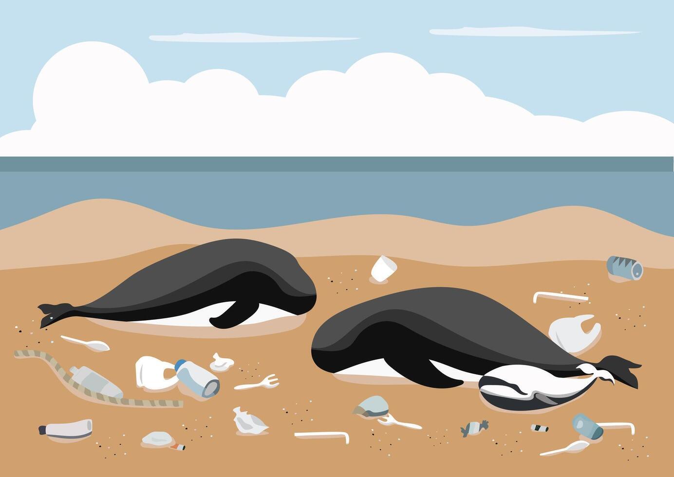 a whale family carcass stranded on beach with food waste and plastic pollution around background vector