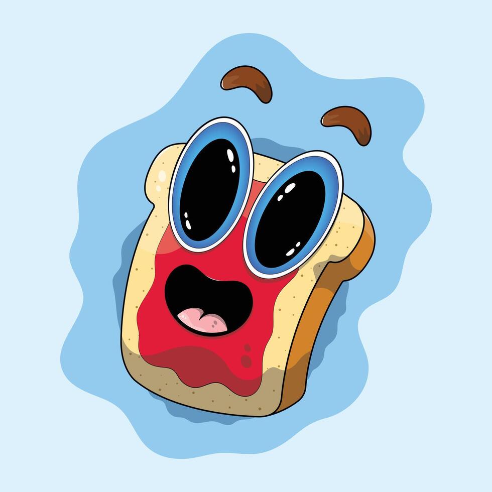 linda contento ser emocionado tostado un pan personaje con grande dibujos animados ojos. kawaii un pan asado con fresa mermelada emparedado. vector