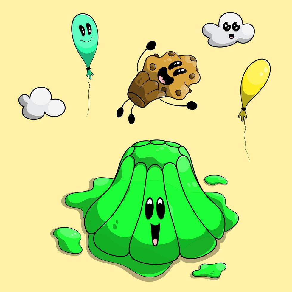 Cute happy muffin jumping on adorable green jelly. Kawaii clouds and balloons playing and having fun. Joyful characters vector