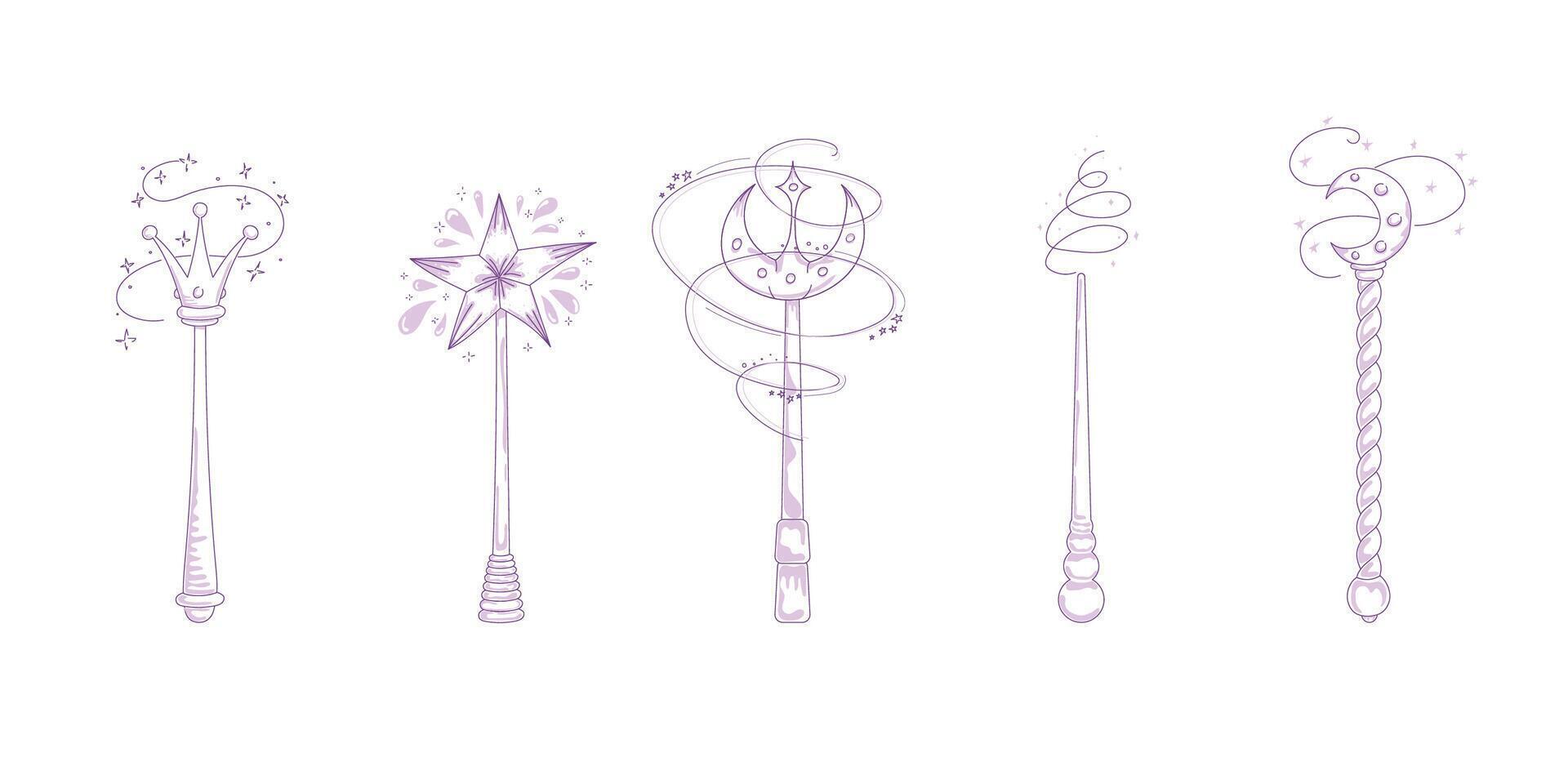 Magic wands doodle set. Fairytale element in sketch style. Hand drawn illustration isolated on white background vector