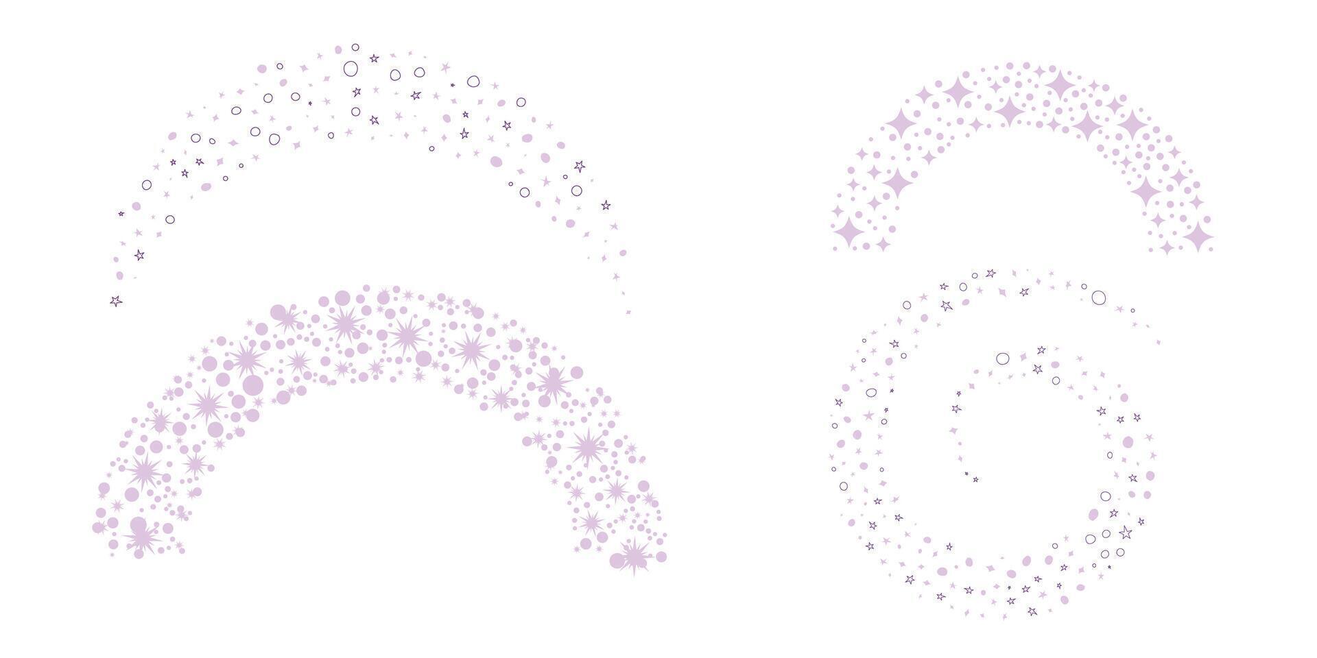 Magic star arch. Stars arch, star compositions graphic art. Shiny elements, starry and dots silhouettes. Comets and abstract constellations, retro celestial set vector