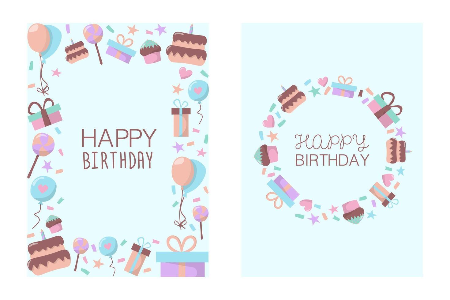 conjunto de dos contento cumpleaños tarjetas con pastel, globos, mollete, chupete, estrella y corazón. en dibujado a mano estilo en un ligero azul antecedentes. vector