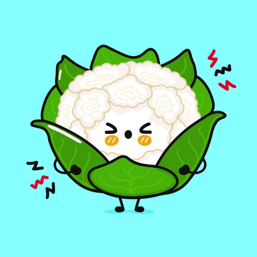 Angry red Cauliflower character. Hand drawn cartoon kawaii character illustration icon. Isolated on blue background. Sad Cabbage character concept vector