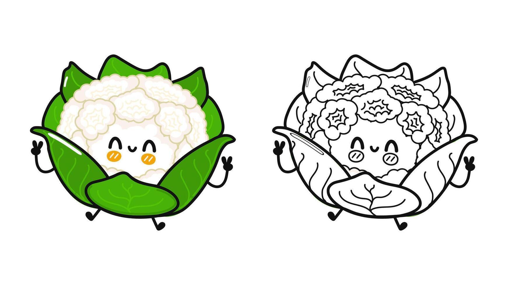 Funny cute happy Cauliflower characters bundle set. Hand drawn cartoon kawaii character illustration icon. Cute Cabbage. Outline cartoon illustration for coloring book vector