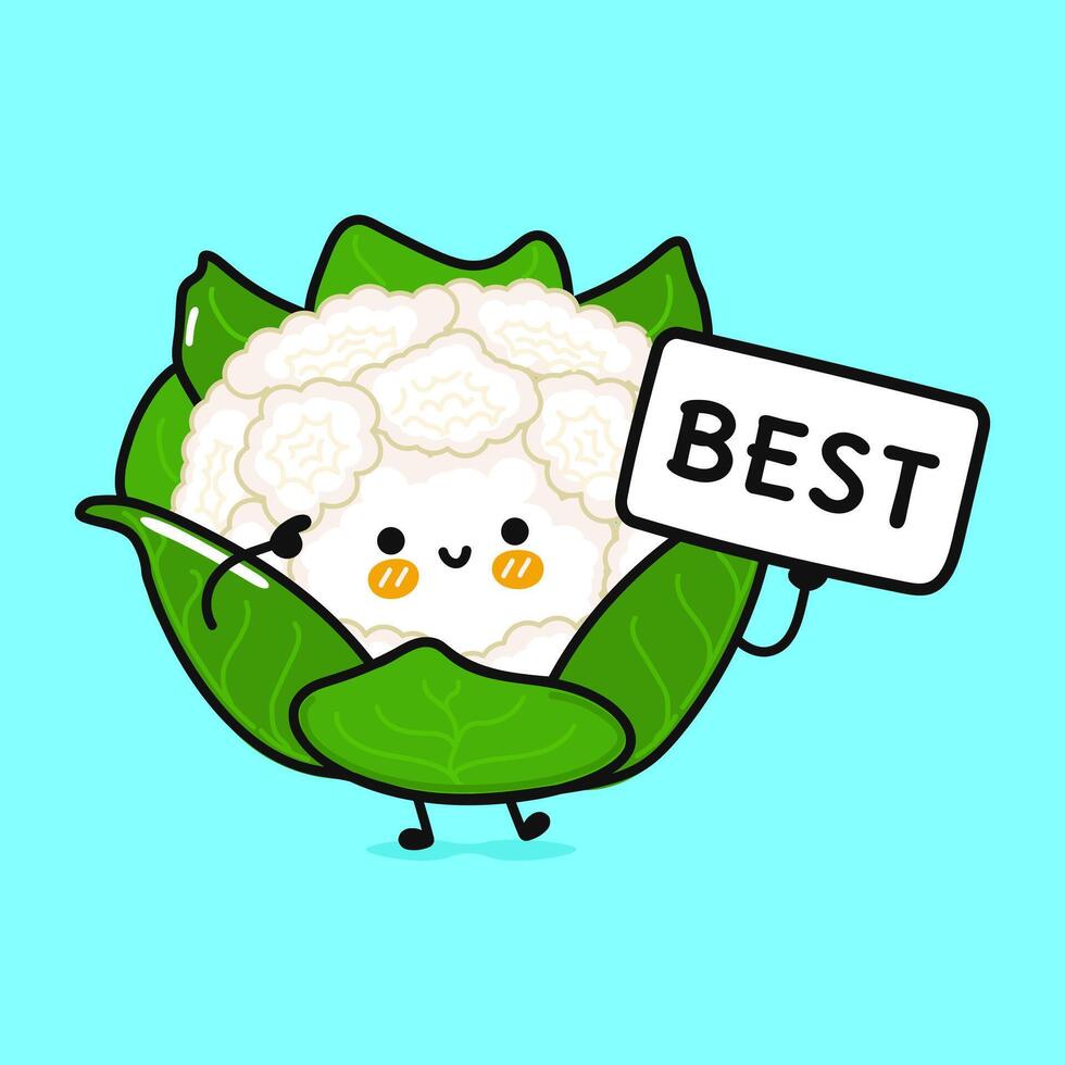 Cute Cauliflower with poster best. hand drawn cartoon kawaii character illustration icon. Isolated on blue background. Cabbage think concept vector