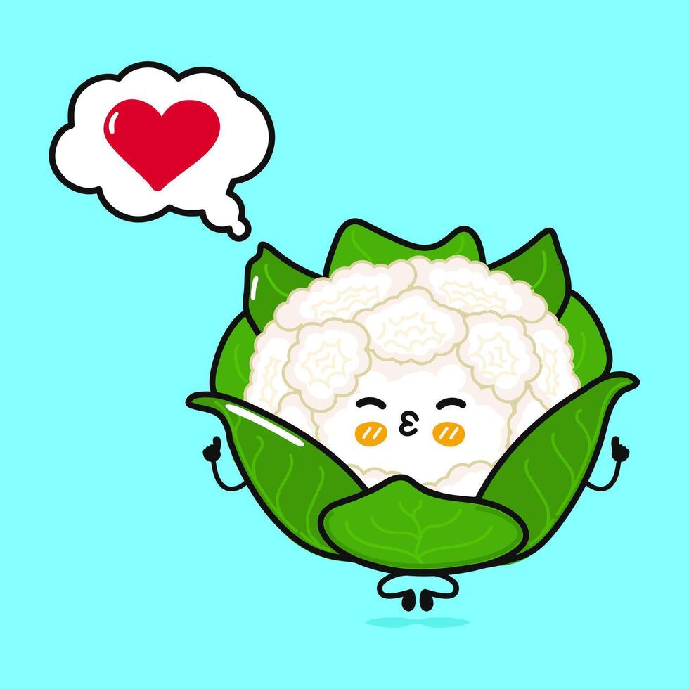 Cauliflower doing yoga with speech bubble. Hand drawn cartoon kawaii character illustration icon. Isolated on blue background. Cabbage in love character concept vector