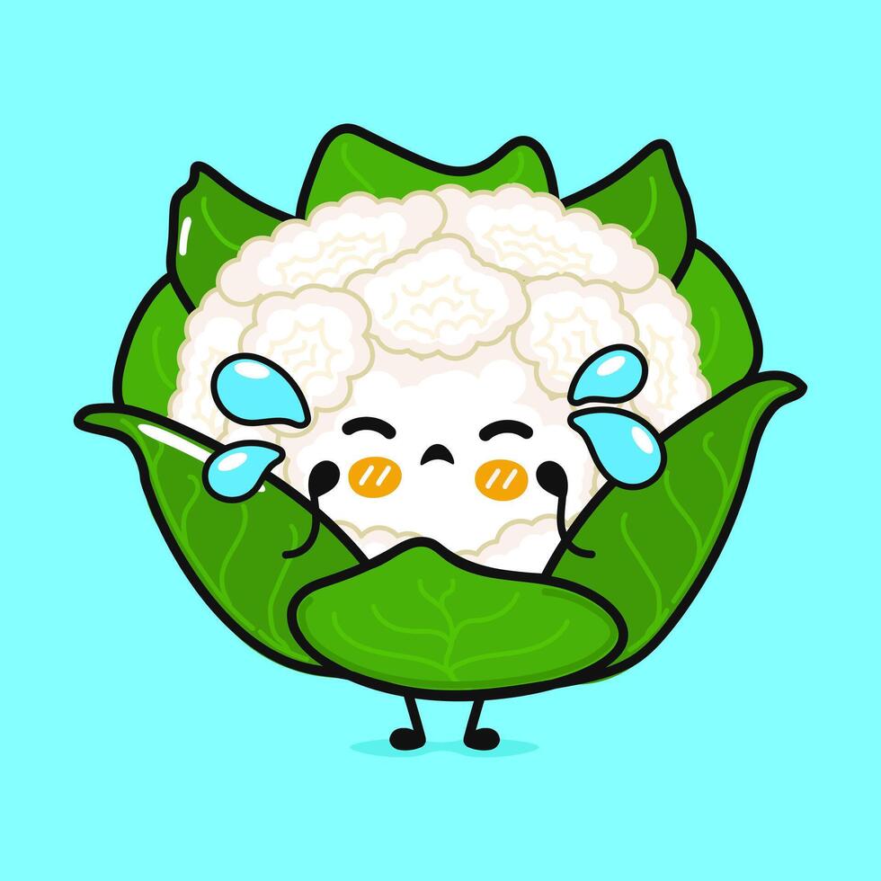 Crying Cauliflower character. hand drawn cartoon kawaii character illustration icon. Isolated on blue background. Sad Cabbage character concept vector