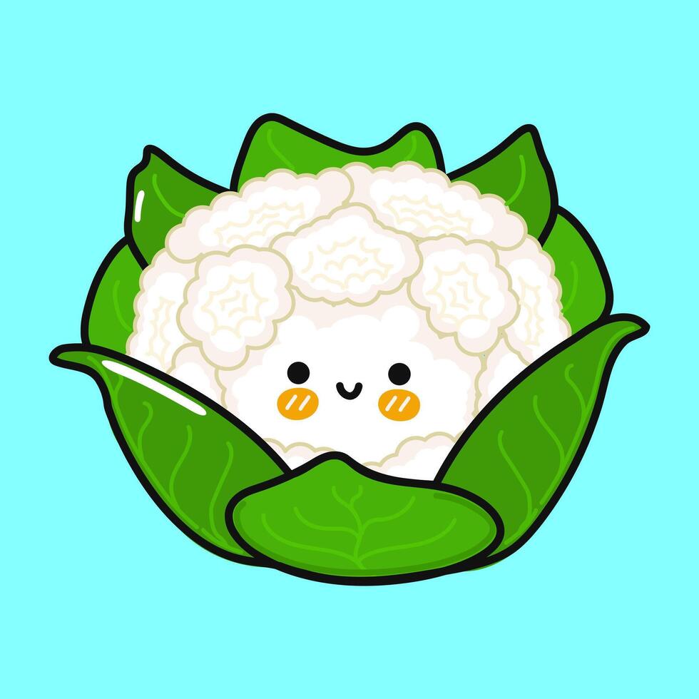 Cauliflower character. Hand drawn cartoon kawaii character illustration icon. Isolated on blue background. Cabbage character concept vector