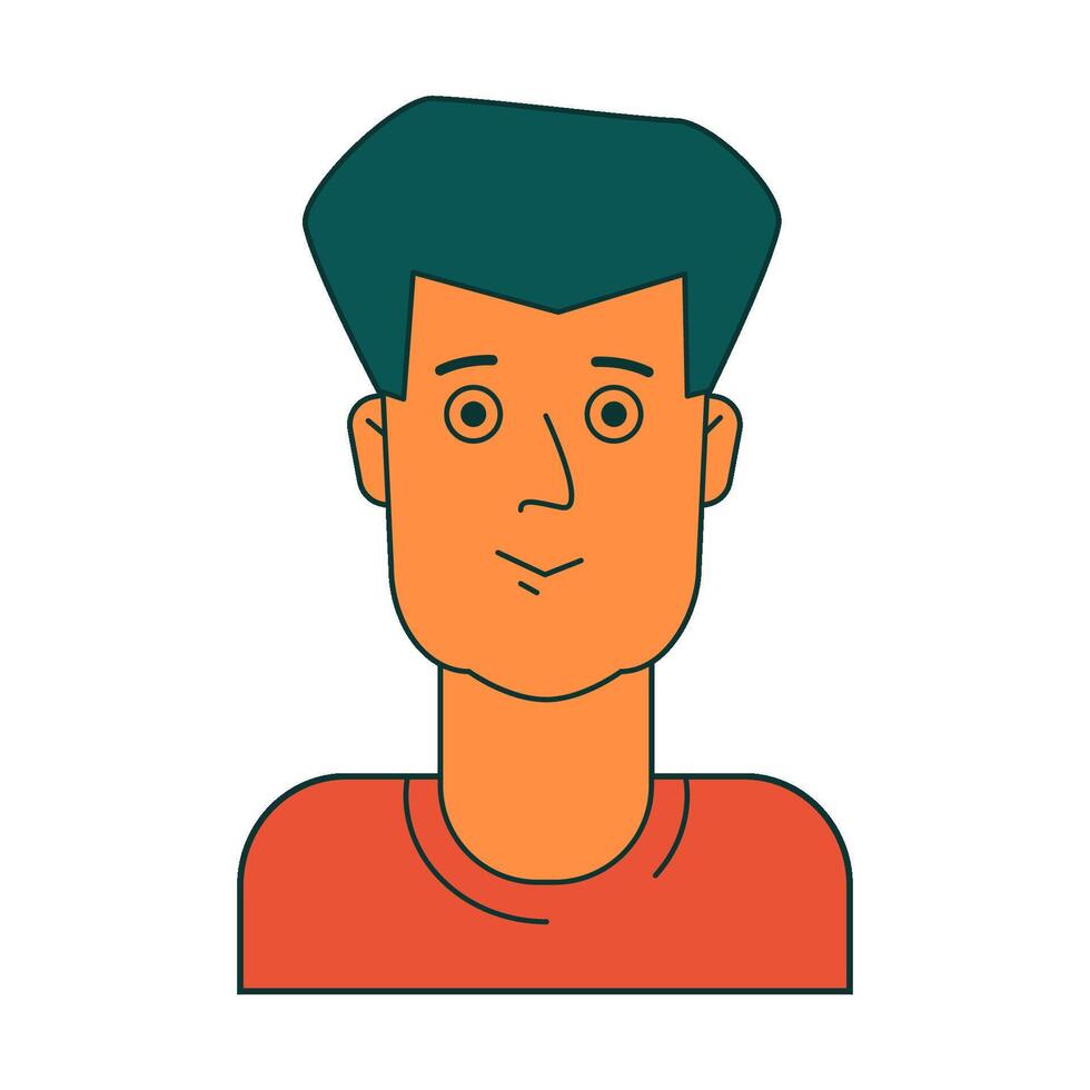 Face of young man with big green hairstyle in orange t shirt. Isolated illustration for websites, avatar, card and more design vector