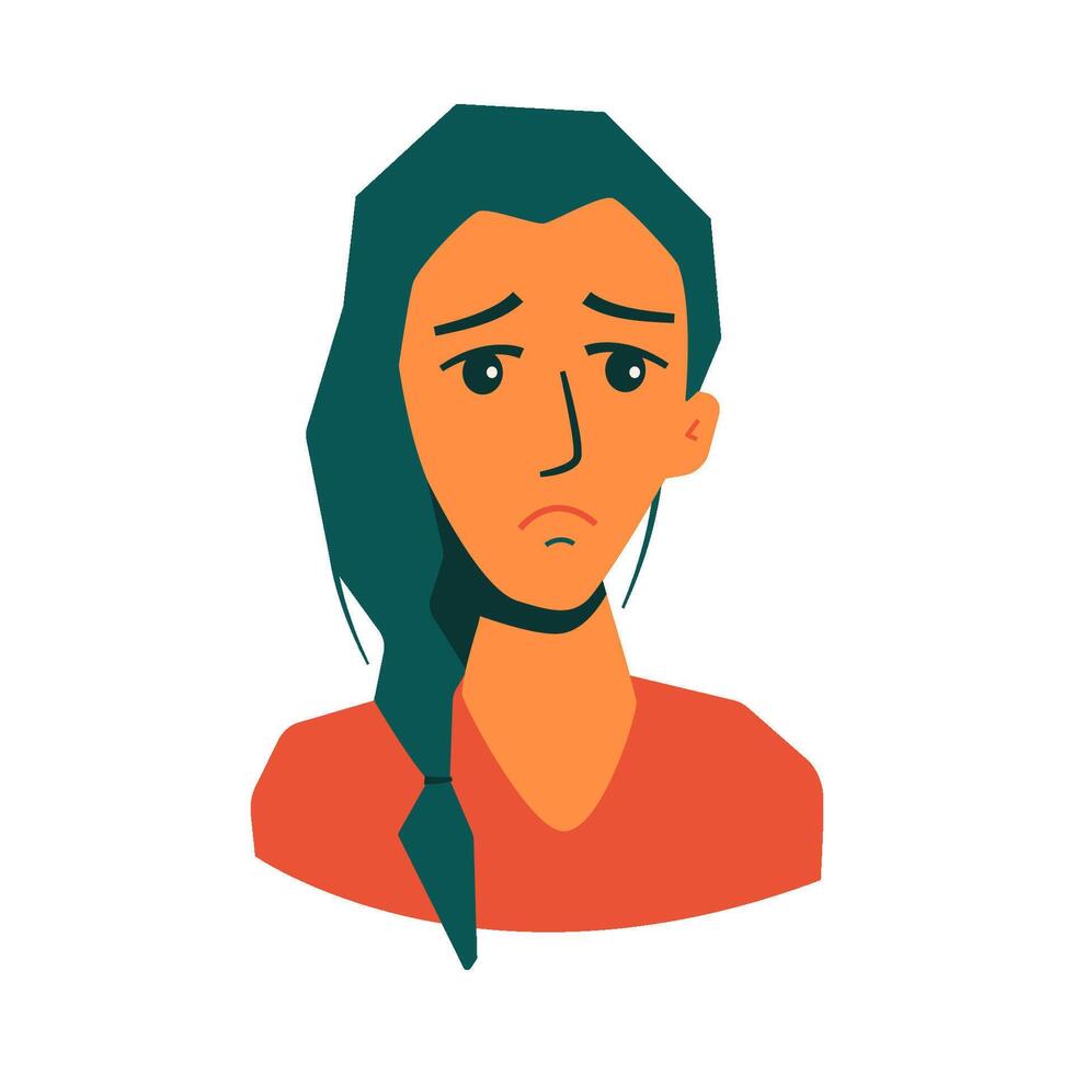 Face of a young woman who is sad, with green hair in orange t shirt. Isolated illustration for websites, avatar, card and more design vector